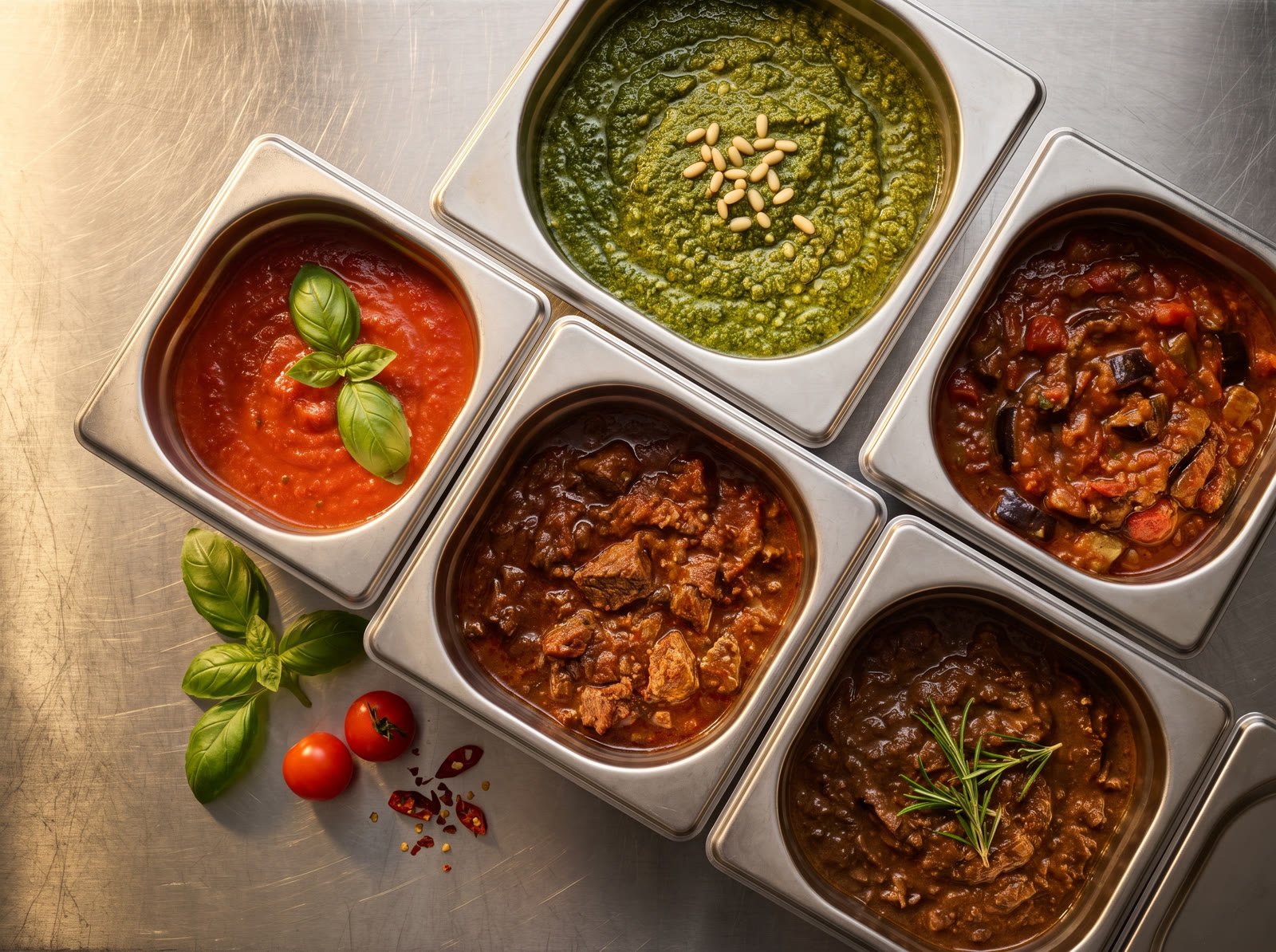 The seven sauces waiting in their pans at the counter